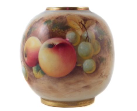 Royal Worcester vase signed Roberts, painted with fallen fruit, black printed mark and shape 2491 to base, 8cm high For condi