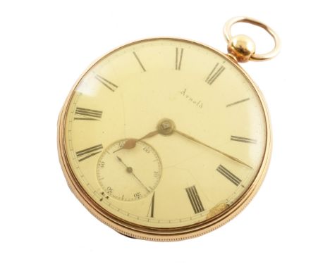 Arnold and Frodsham 18ct gold pocket watch , enamel dial, subsidiary seconds, brass 3/4 plate, key wind movement, engraved "J