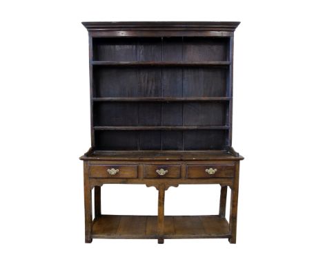 George III oak cottage dresser of unusually small proportions, top section with moulded cornice, three fixed shelves, boarded