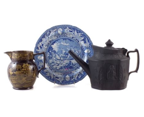 Black basalt Nelson commemorative teapot circa 1805, with hinged cover, moulded with a portrait of the Admiral, the reverse w
