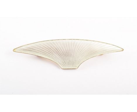 Scandinavian silver and enamel fan shaped brooch by Volmer Bahner of Denmark , silver-white engine turned enamel decoration, 