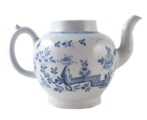 Worcester scratch cross type punch pot circa 1754 , painted with Zig-Zag Fence pattern in underglaze blue, workman's mark to 