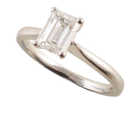 Diamond solitaire platinum ring , the 1.00 carat emerald cut diamond 4-claw set to plain polished tapered platinum shank, acc