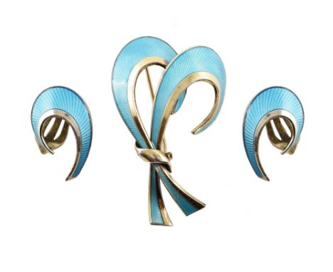 Silver gilt and enamelled brooch and earring set by Hans Myhre , abstract design brooch and earrings with blue engine turned 