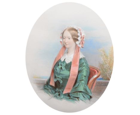 S.B. Godbold, 19th century, Portrait of Lady Cotton Sheppard, signed and dated 1858, crayon and wash drawing, oval, 42 x 33cm