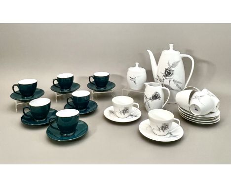 Six Denby blue-green glazed coffee cups and saucers - together with a Thomas of Germany porcelain six-place coffee service, w