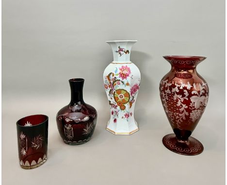 Two pieces of Bohemian ruby cased and flashed glass - comprising a ruby cased carafe and glass, 20cm high; and a flashed balu