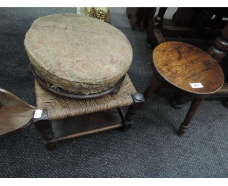 A late Victorian circular footstool, a seagrass top stool, and a stained frame stool