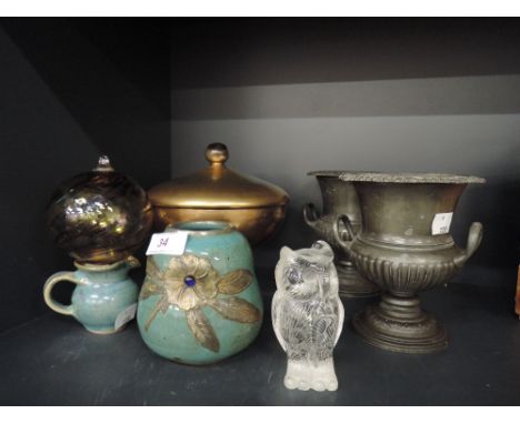 A pair of Maple and Co Pewter urns, a glass paperweight owl, and pottery vase etc