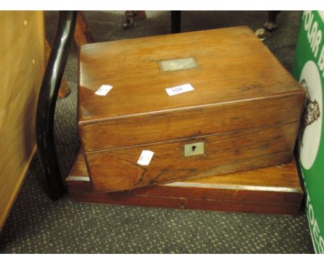 A vintage writing box with mother of pearl inlay and a cutlery box