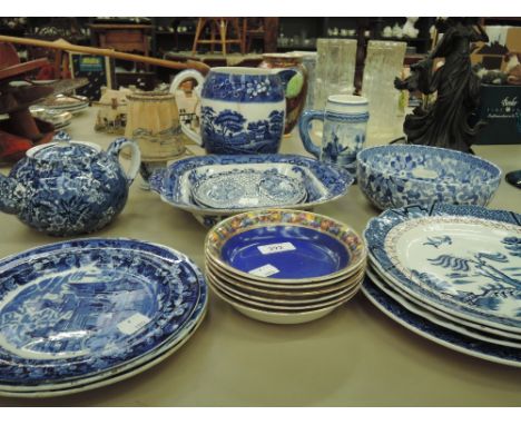 A selection of blue and white ceramics including Spode and Boothes 'Real Old Willow' etc