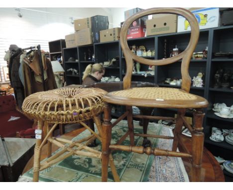 A modern wicker stool, a Victorian balloon back bedroom chair and a stool