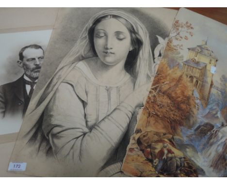 A watercolour, Continental river and townscape, 19th century, a pencil sketch, 19th century and a vintage photograph