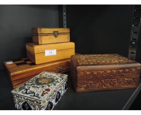A selection of treen boxes, a chess set and an enamel tin  