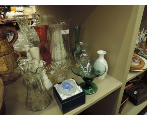 A selection of glassware including paperweight, art glass vases and ceramics including Wedgwood etc