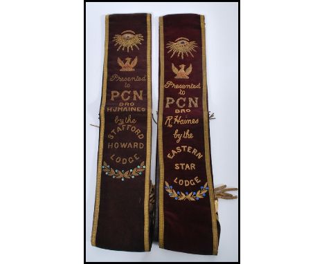 Two red velvet masonic sashes with one 19th Century example embroidered 'Presented to PCN Bro H. J. Haines by the Stafford Ho