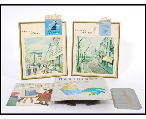 A collection of vintage retro Cigarette point of sale advertising counter top easel signs, the signs advertising Gauloises an