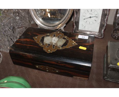 A Victorian Coromandel brass and mother of pearl inlaid playing card box 