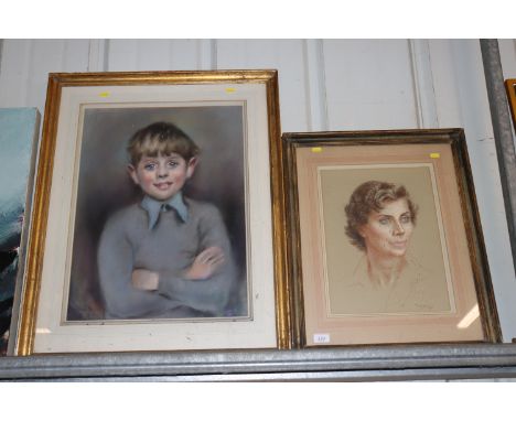 Crayon and pastel study, head and shoulders portrait of a young woman and another of a boy 