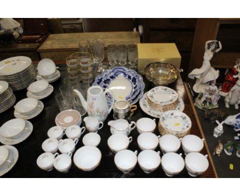 A quantity of Royal Adderley coffee ware; Colclough teaware; various table glassware; silver plated pedestal bowl etc.