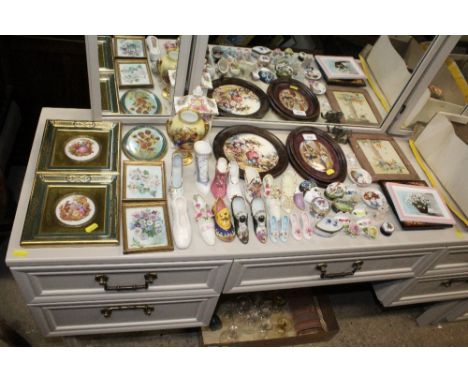 A quantity of decorative china to include ornamental shoes, Royal Worcester enamel box, Staffordshire enamelled box, framed p