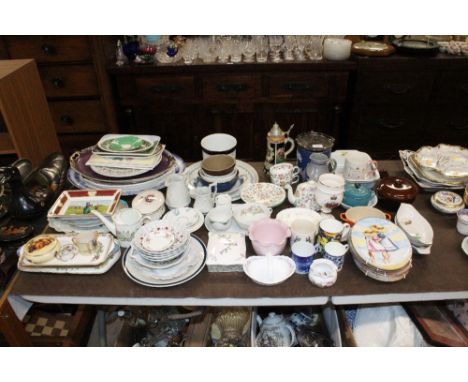 A large quantity of various china to include meat plates, Wedgwood jasperware silver plated biscuit barrel, Le Creuset cookwa