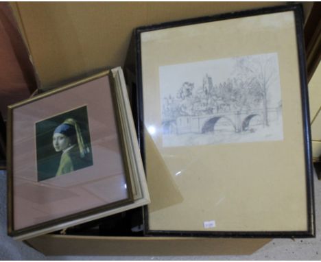 Box of assorted furnishing print 'After the old master' and others, mostly framed. 
