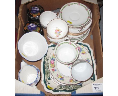 Tray of assorted china to include Aynsley, Coalport and other floral teaware, Masons chartreuse square dish, Royal Albert Cro