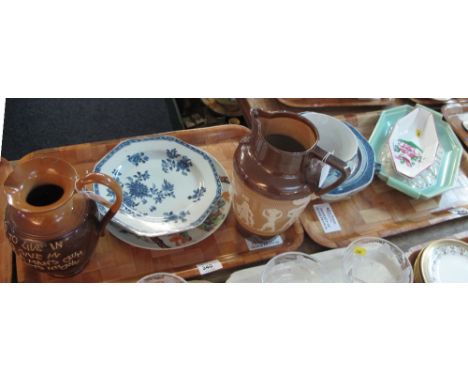 Two trays of assorted china to include Chinese blue and white octagonal plate or kettle warmer, Chinese porcelain bowl decora