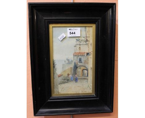 M. Allavena (Italian school, early 20th Century) figures on a coastal street, watercolours. Framed and glazed.