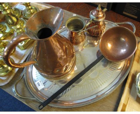 Large oval silver plated two handled tray together with a copper conical measuring jug, copper ladle etc. (5)