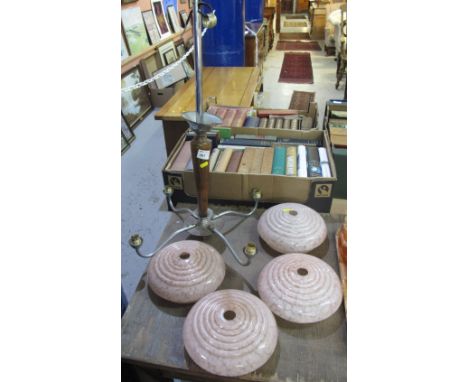 Art Deco design chrome and wooden four branch ceiling light with pink marble design glass ribbed shades. 