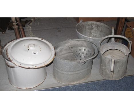 Vintage galvanized metal watering can together with galvanized bucket with swing handle, enamel bread bin etc. 