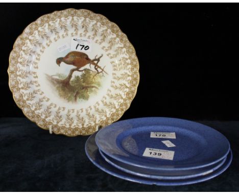 Three blue speckled glazed Moorcroft plates, impressed marks to base, together with Royal Worcester cabinet plate, date ciphe