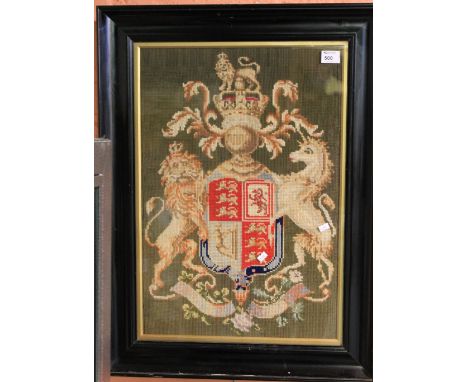A framed tapestry panel, Royal coat of arms. 