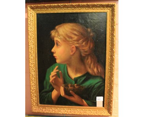 British school,  portrait of a young girl with nest and chicks, oils on canvas. Framed.