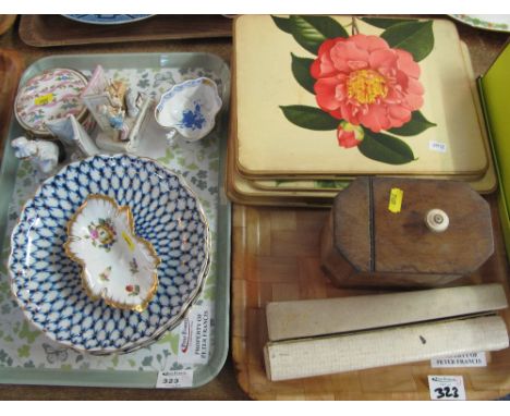 Two trays of assorted items to include 19th Century mahogany tea caddy, mother of pearl and another floral fan, limoges flora