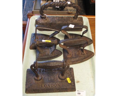 Tray of assorted flat irons, weights marked Stephens & Sons, London, M Cannon etc. 