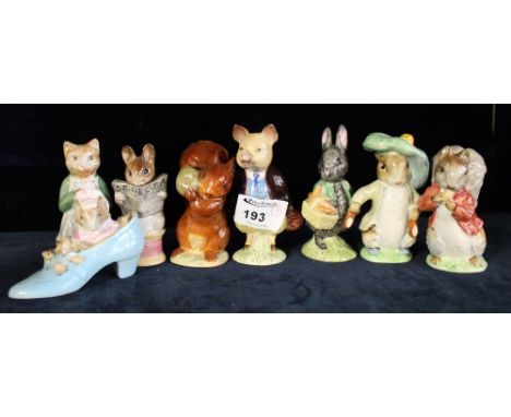 Group of eight Beswick Beatrix Potter figures, The old woman who lived in a shoe, Ginger, Piggling Bland etc. Various back st