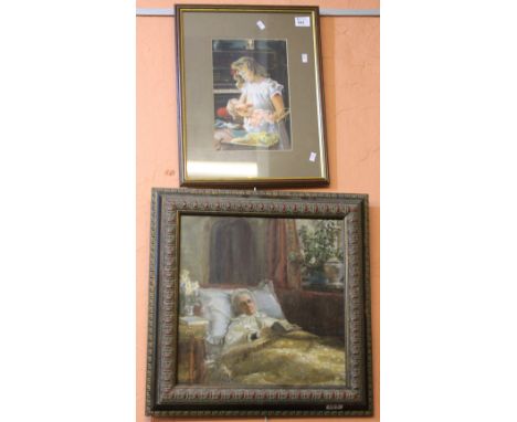 D. Bolton, portrait of a young girl with doll in watercolours, British school, study of an old lady in her bed, oils on panel