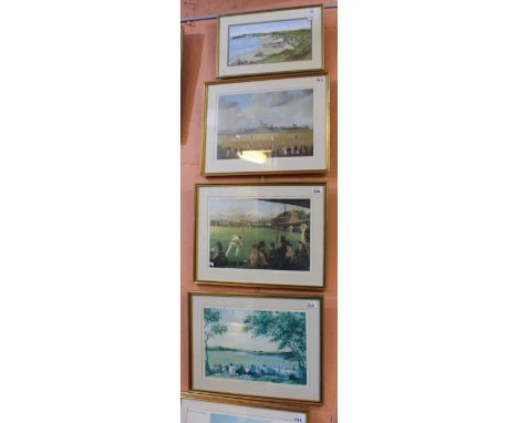 Group of five reproduction cricketing prints, together with a Pembrokeshire coastal study in watercolours and a large furnish