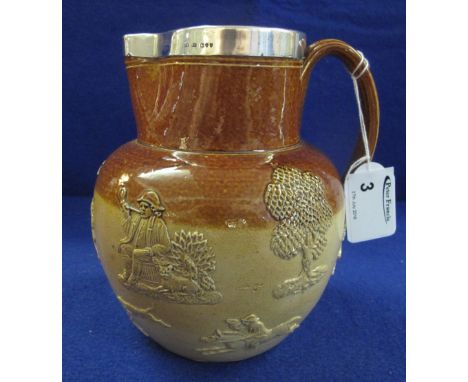 Doulton Lambeth two tone stoneware jug with silver rim, London hallmarks, makers initials C.S.F.S, impressed marks to base, t