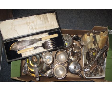 Tray of assorted metalware to include silver plated tea service, various loose plated cutlery, cake baskets, baluster tankard