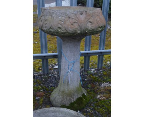A COMPOSITE CIRCULAR PLANTER on a separate high tulip style base, 42cm x height 71cm