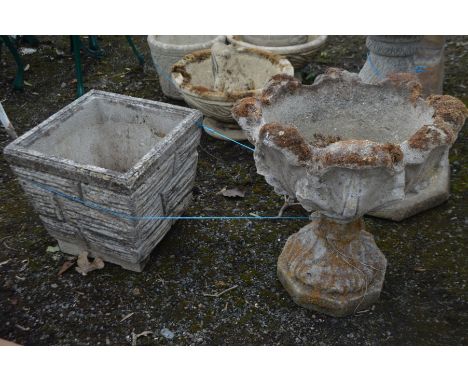 A COMPOSITE GARDEN PLANTER on a separate base, height 47cm x height 52cm along with a square tapered brick effect planter (2)
