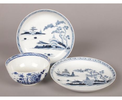 Liverpool possibly Philip Christian C 1770 porcelain tea bowl and two saucers.  Tea bowl chipped and cracked. Minor chip to e