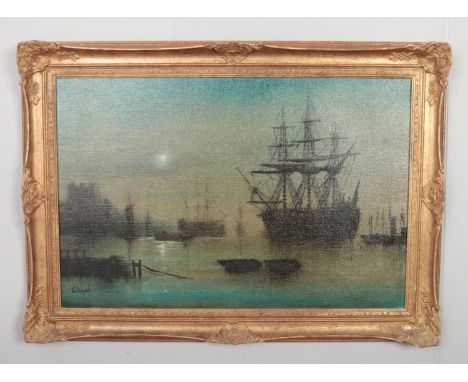 John Banfield, gilt framed oil on canvas, seascape with ships. 49cm x 74.5cm.  