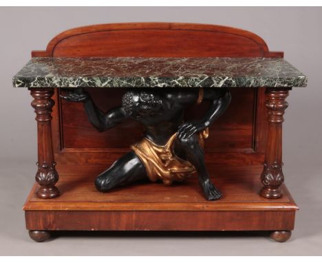 A 19th century carved mahogany blackamoor console table in the manner of Gillows. 92cm x 122cm x 51cm.  Some veneer missing, 