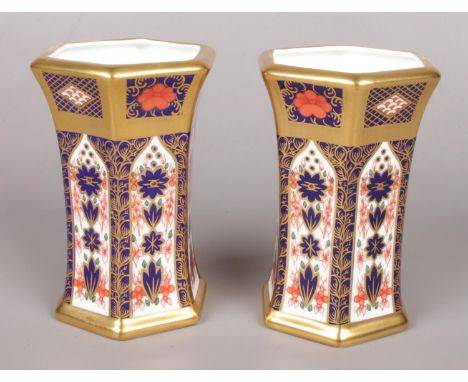 A pair of hexagonal Royal Crown Derby vases in the Imari pattern. (12cm high)  Good condition. First quality.