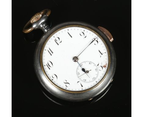 An early 20th century gun metal repeater pocket watch.  Runs and chimes. Damage to enamel. Some rusting to case.